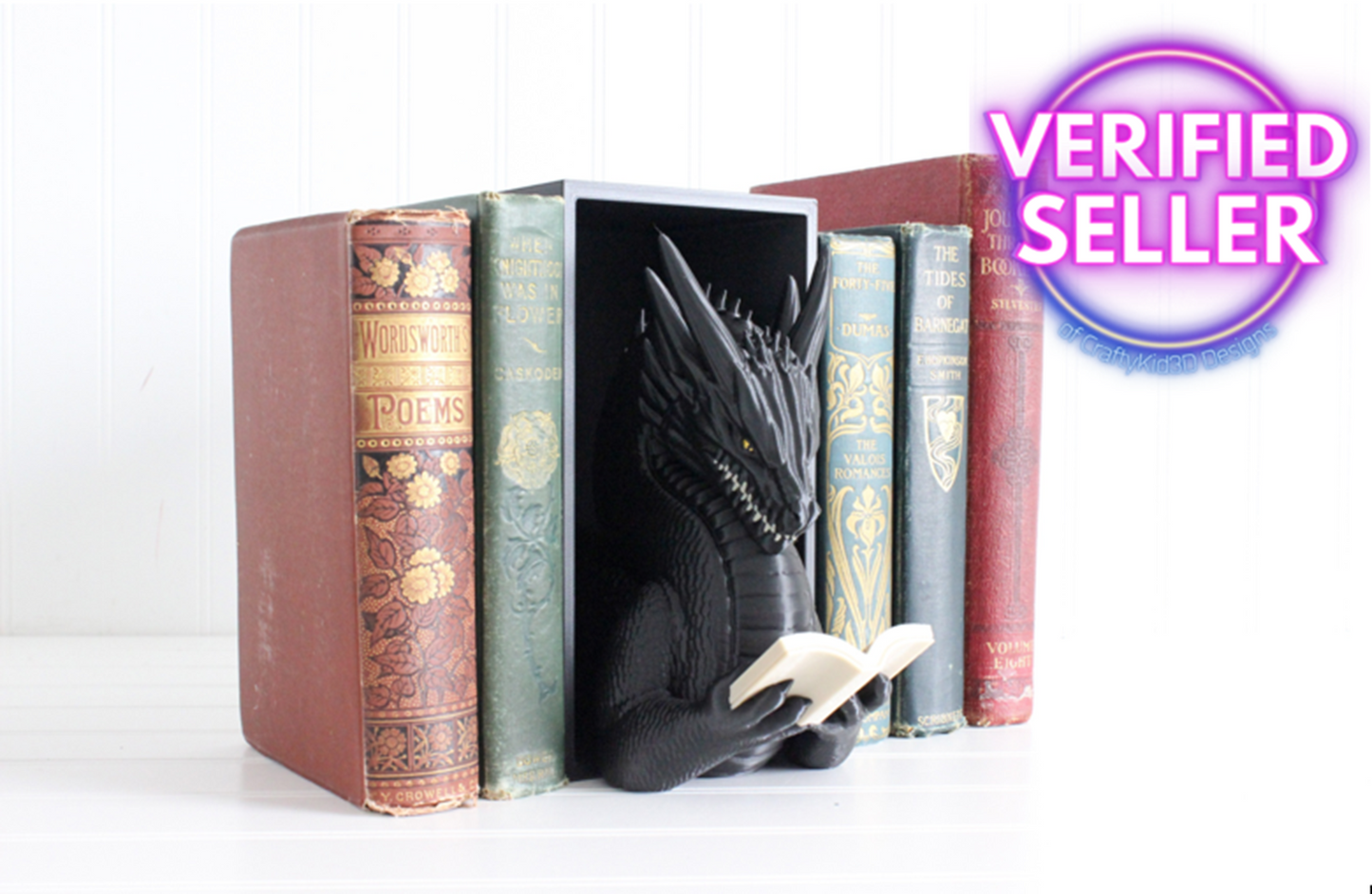 Dragon Book Nook, Dragon Reading, Bookshelf Decor, 3D Print