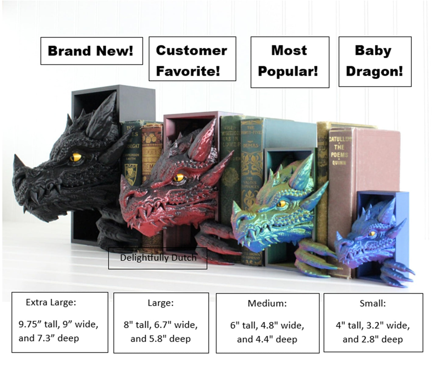 Dragon Book Nook SET, Dragon Tail and Head, Bookshelf Decor, 3D Print, Bookish